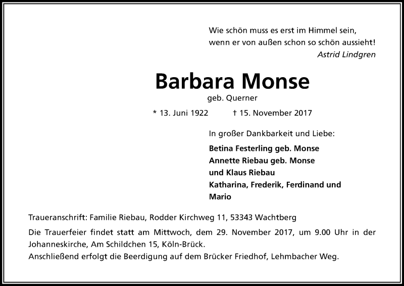  Traueranzeige für Barbara Monse vom 25.11.2017 aus Kölner Stadt-Anzeiger / Kölnische Rundschau / Express