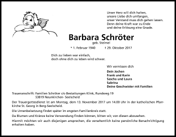 Anzeige von Barbara Schröter von Kölner Stadt-Anzeiger / Kölnische Rundschau / Express