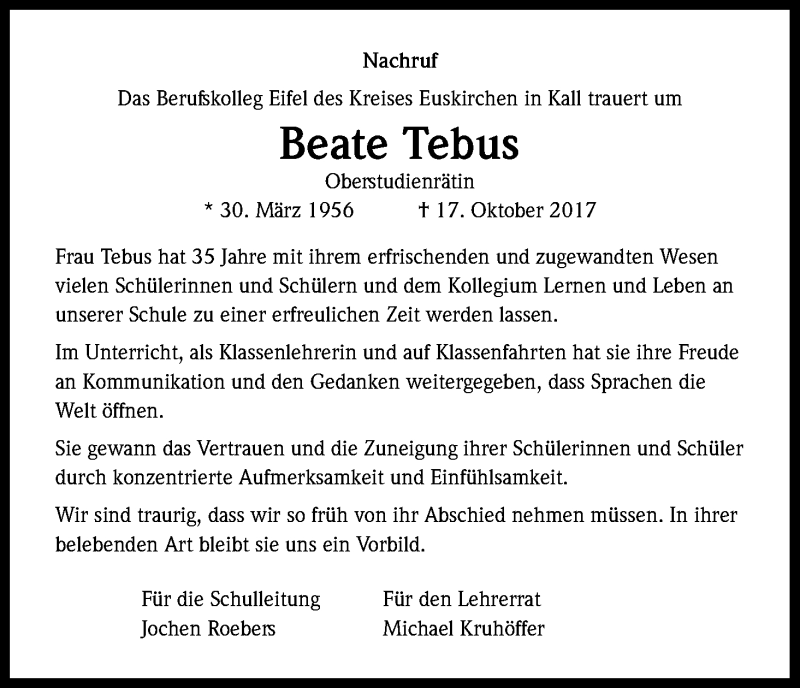  Traueranzeige für Beate Tebus vom 18.11.2017 aus Kölner Stadt-Anzeiger / Kölnische Rundschau / Express