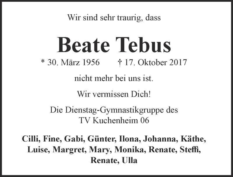  Traueranzeige für Beate Tebus vom 25.11.2017 aus  Blickpunkt Euskirchen 