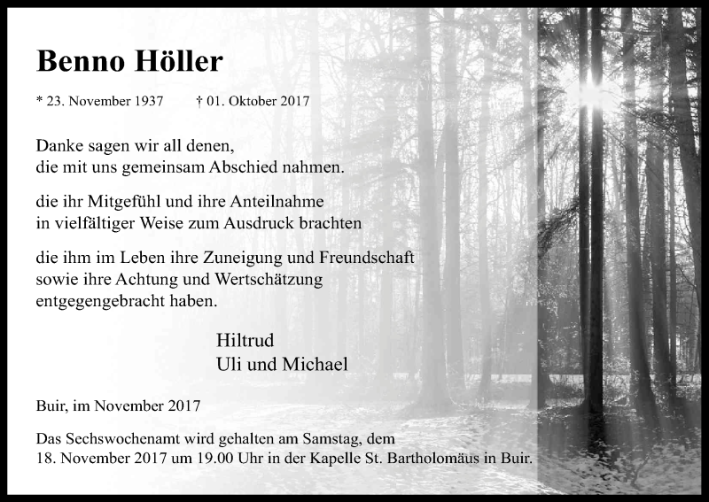  Traueranzeige für Benno Höller vom 11.11.2017 aus Kölner Stadt-Anzeiger / Kölnische Rundschau / Express