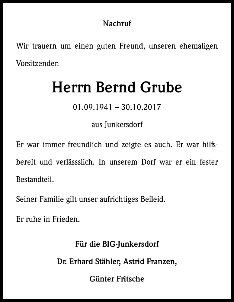  Traueranzeige für Bernd Grube vom 14.11.2017 aus Kölner Stadt-Anzeiger / Kölnische Rundschau / Express