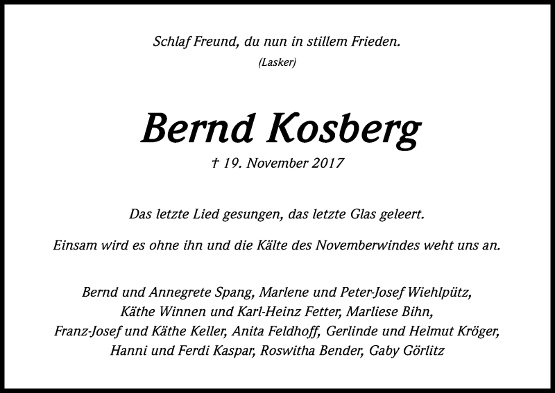  Traueranzeige für Bernd Kosberg vom 21.11.2017 aus Kölner Stadt-Anzeiger / Kölnische Rundschau / Express