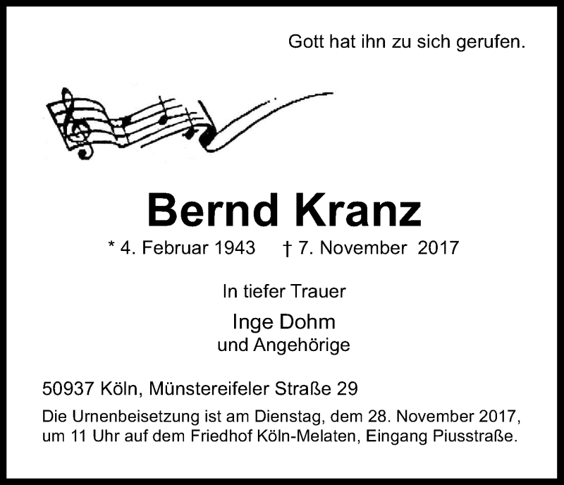  Traueranzeige für Bernd Kranz vom 11.11.2017 aus Kölner Stadt-Anzeiger / Kölnische Rundschau / Express