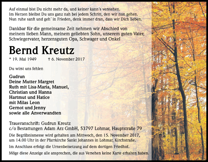  Traueranzeige für Bernd Kreutz vom 11.11.2017 aus Kölner Stadt-Anzeiger / Kölnische Rundschau / Express