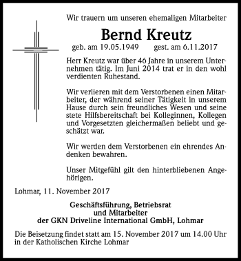 Anzeige von Bernd Kreutz von Kölner Stadt-Anzeiger / Kölnische Rundschau / Express