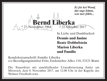 Anzeige von Bernd Liberka von  Kölner Wochenspiegel 