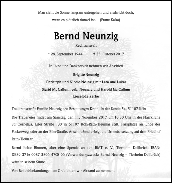 Anzeige von Bernd Neunzig von Kölner Stadt-Anzeiger / Kölnische Rundschau / Express