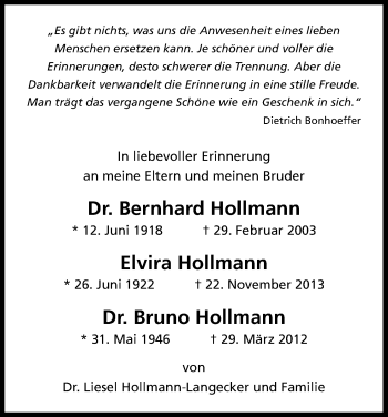 Anzeige von Bernhard, Elvira und Bruno Hollmann von Kölner Stadt-Anzeiger / Kölnische Rundschau / Express
