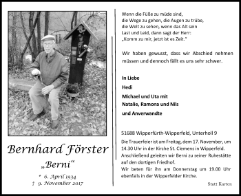 Anzeige von Bernhard Förster von Kölner Stadt-Anzeiger / Kölnische Rundschau / Express