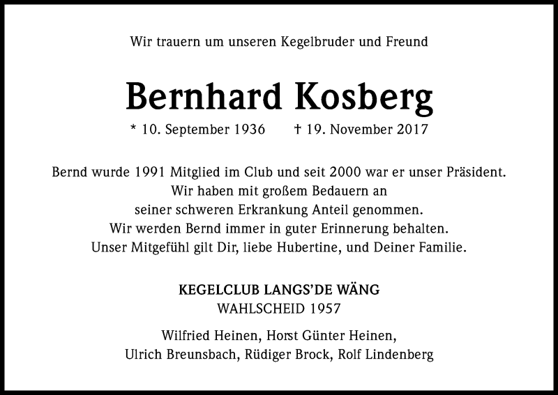  Traueranzeige für Bernhard Kosberg vom 21.11.2017 aus Kölner Stadt-Anzeiger / Kölnische Rundschau / Express