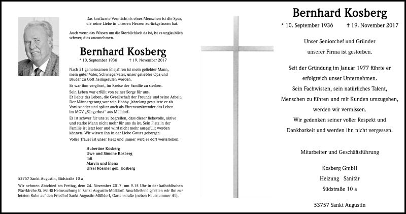  Traueranzeige für Bernhard Kosberg vom 21.11.2017 aus Kölner Stadt-Anzeiger / Kölnische Rundschau / Express