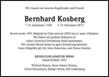 Anzeige von Bernhard Kosberg von Kölner Stadt-Anzeiger / Kölnische Rundschau / Express