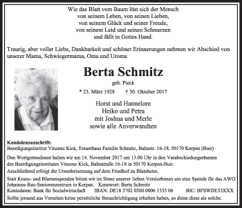 Anzeige von Berta Schmitz von  Sonntags-Post 