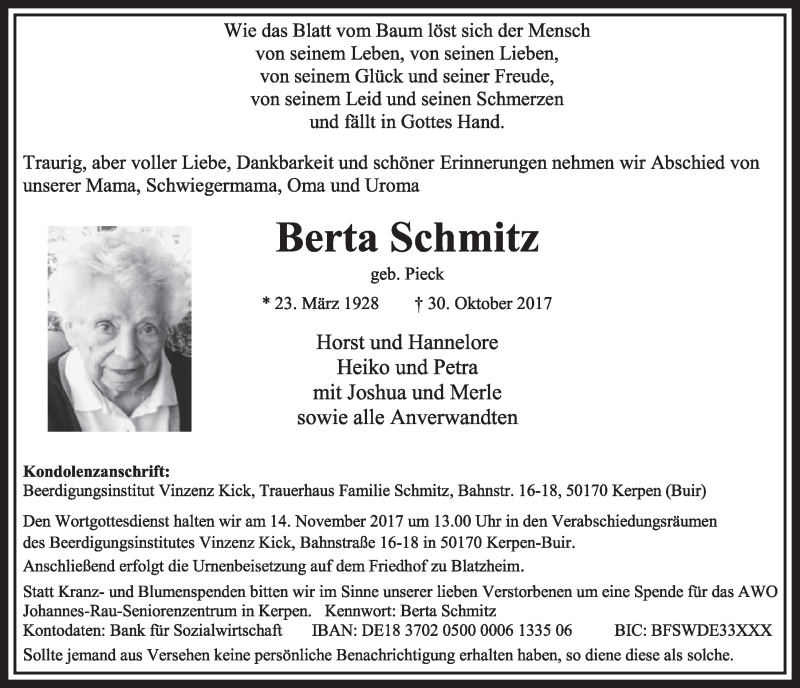  Traueranzeige für Berta Schmitz vom 11.11.2017 aus  Sonntags-Post 