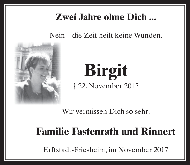  Traueranzeige für Birgit Fastenrath vom 22.11.2017 aus  Werbepost 