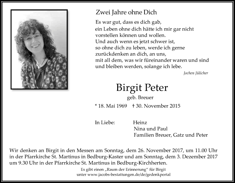  Traueranzeige für Birgit Peter vom 18.11.2017 aus Kölner Stadt-Anzeiger / Kölnische Rundschau / Express
