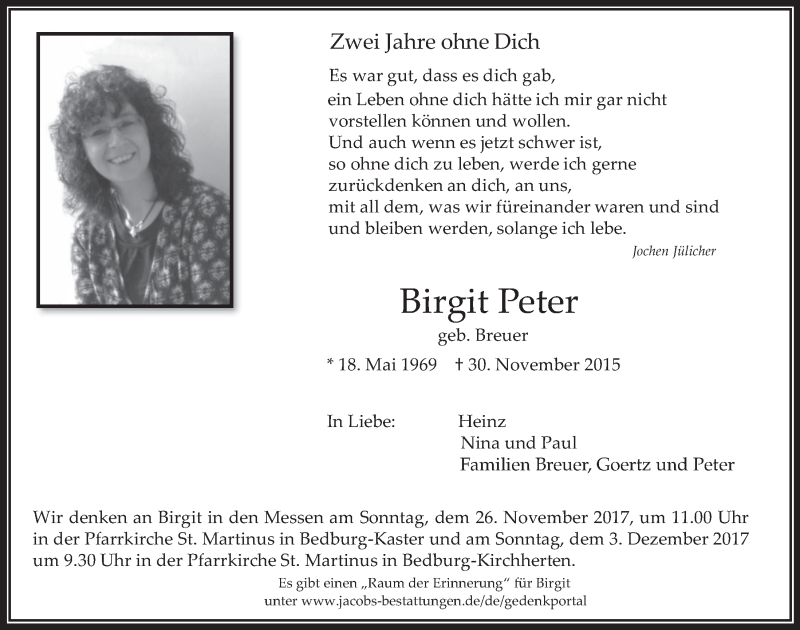  Traueranzeige für Birgit Peter vom 22.11.2017 aus  Werbepost 