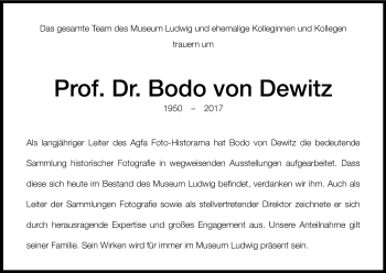 Anzeige von Bodo von Dewitz von Kölner Stadt-Anzeiger / Kölnische Rundschau / Express