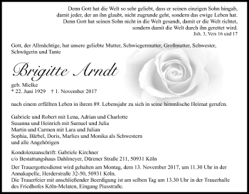 Anzeige von Brigitte Arndt von Kölner Stadt-Anzeiger / Kölnische Rundschau / Express