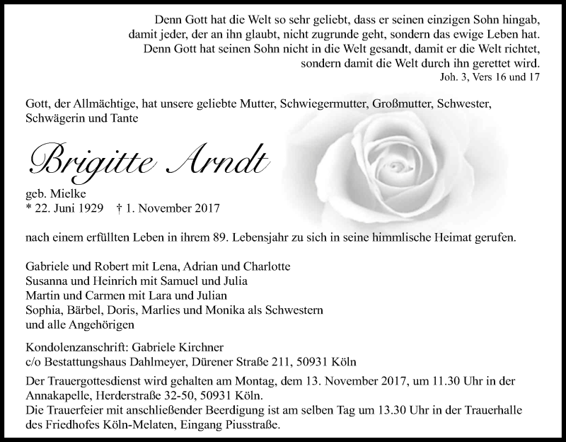  Traueranzeige für Brigitte Arndt vom 04.11.2017 aus Kölner Stadt-Anzeiger / Kölnische Rundschau / Express