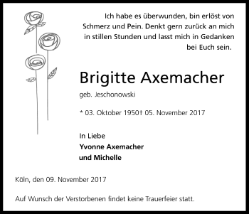 Anzeige von Brigitte Axemacher von Kölner Stadt-Anzeiger / Kölnische Rundschau / Express