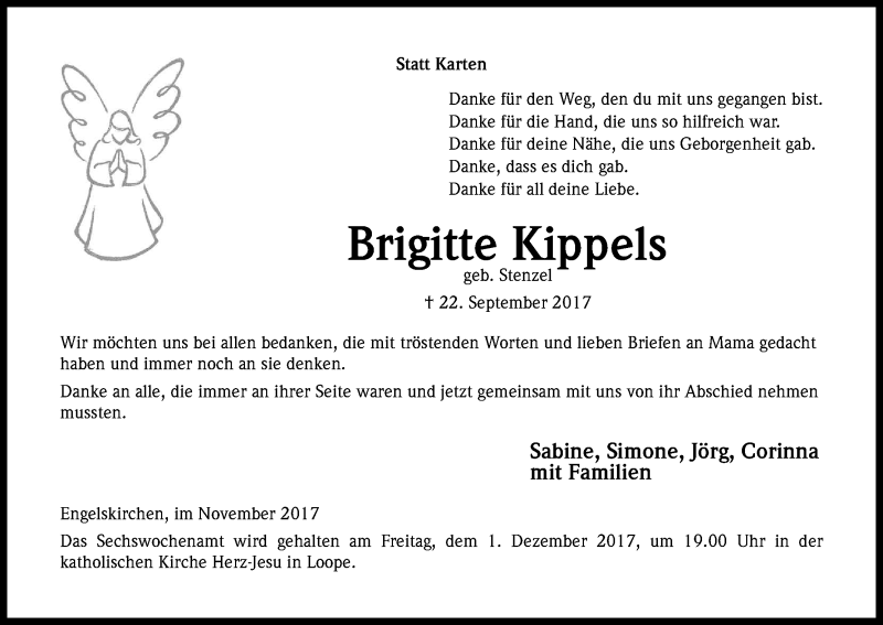  Traueranzeige für Brigitte Kippels vom 10.11.2017 aus Kölner Stadt-Anzeiger / Kölnische Rundschau / Express