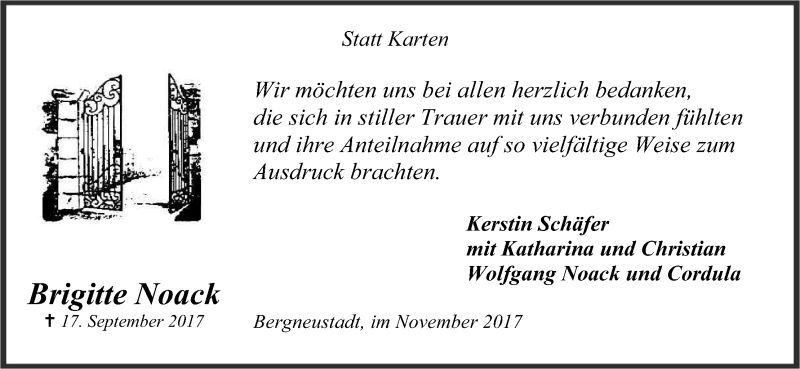  Traueranzeige für Brigitte Noack vom 11.11.2017 aus Kölner Stadt-Anzeiger / Kölnische Rundschau / Express