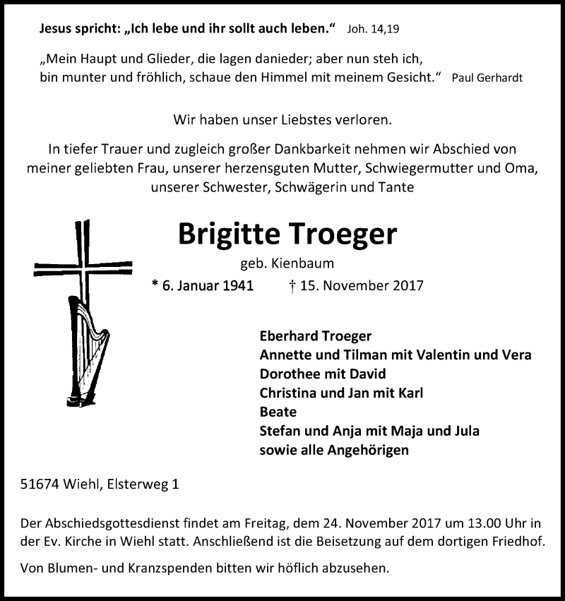  Traueranzeige für Brigitte Troeger vom 18.11.2017 aus Kölner Stadt-Anzeiger / Kölnische Rundschau / Express