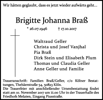 Anzeige von Brigitte Johanna Braß von Kölner Stadt-Anzeiger / Kölnische Rundschau / Express