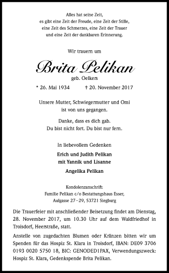 Anzeige von Brita Pelikan von Kölner Stadt-Anzeiger / Kölnische Rundschau / Express