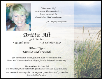 Anzeige von Britta Alt von Kölner Stadt-Anzeiger / Kölnische Rundschau / Express