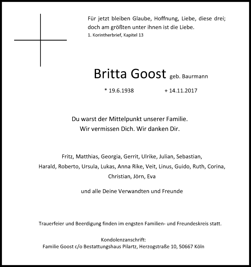  Traueranzeige für Britta Goost vom 18.11.2017 aus Kölner Stadt-Anzeiger / Kölnische Rundschau / Express
