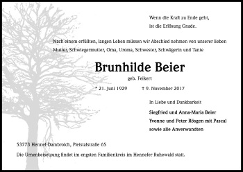 Anzeige von Brunhilde Beier von Kölner Stadt-Anzeiger / Kölnische Rundschau / Express