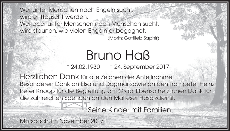  Traueranzeige für Bruno Haß vom 22.11.2017 aus  Lokalanzeiger 
