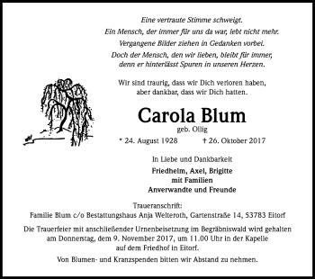 Anzeige von Carola Blum von Kölner Stadt-Anzeiger / Kölnische Rundschau / Express