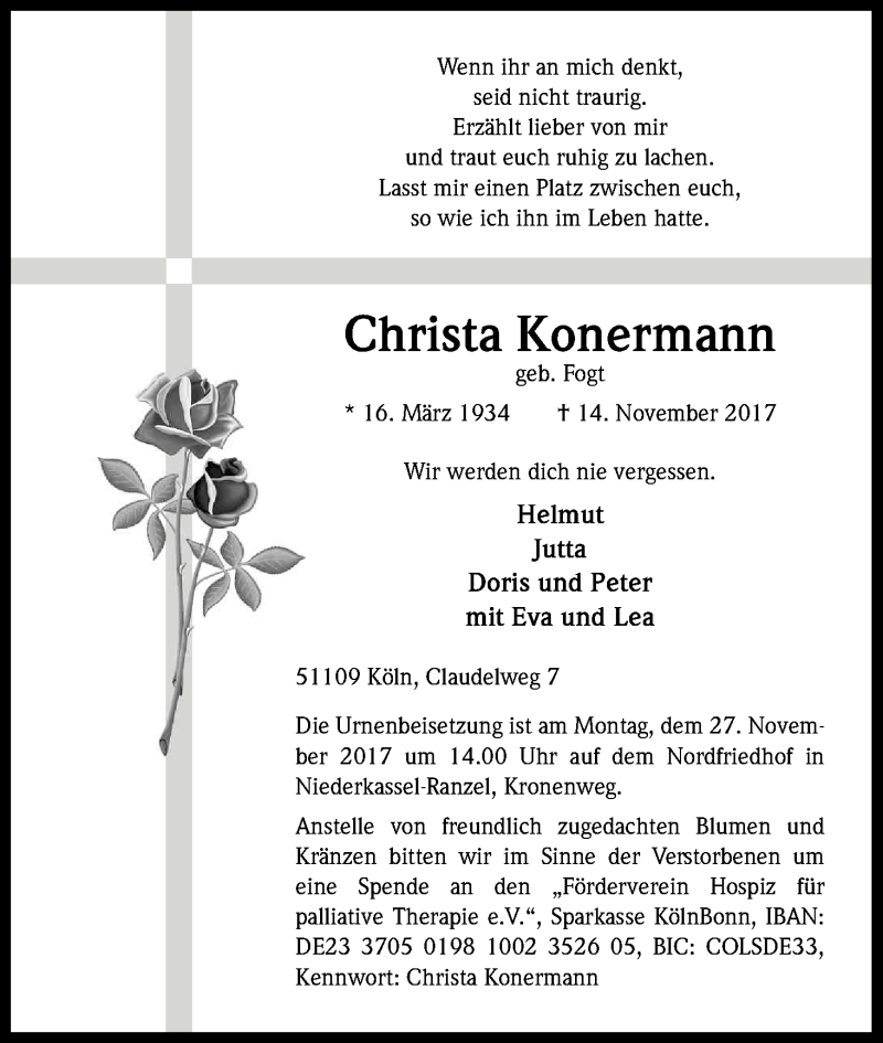  Traueranzeige für Christa Konermann vom 18.11.2017 aus Kölner Stadt-Anzeiger / Kölnische Rundschau / Express