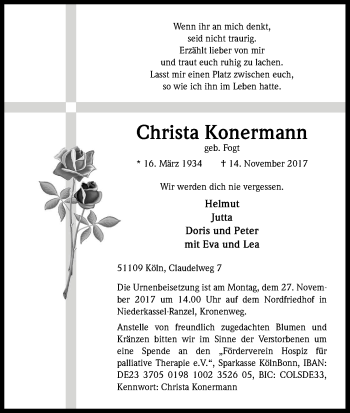 Anzeige von Christa Konermann von Kölner Stadt-Anzeiger / Kölnische Rundschau / Express