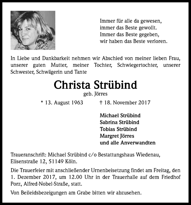  Traueranzeige für Christa Strübind vom 25.11.2017 aus Kölner Stadt-Anzeiger / Kölnische Rundschau / Express