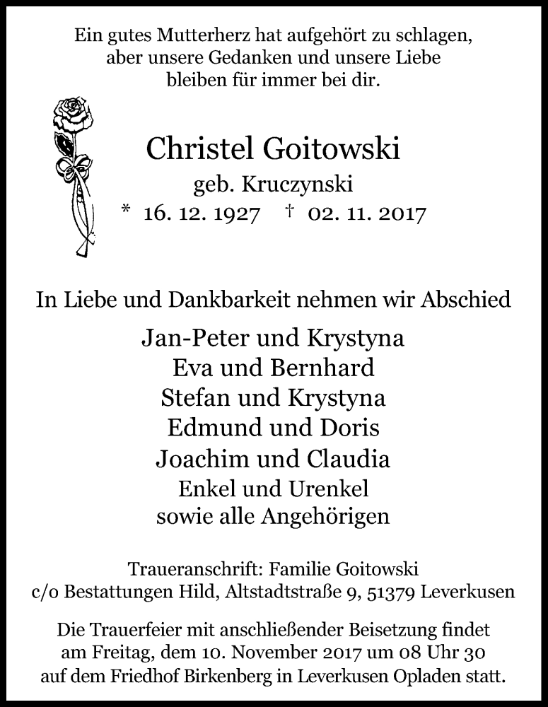  Traueranzeige für Christel Goitowski vom 08.11.2017 aus Kölner Stadt-Anzeiger / Kölnische Rundschau / Express