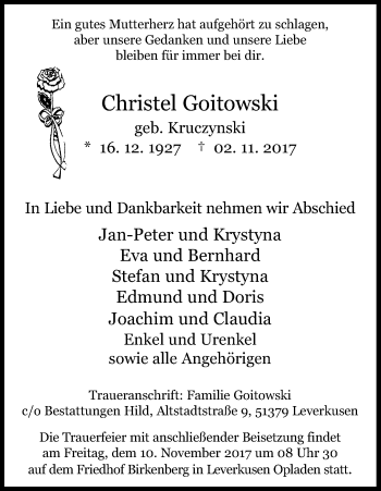 Anzeige von Christel Goitowski von Kölner Stadt-Anzeiger / Kölnische Rundschau / Express