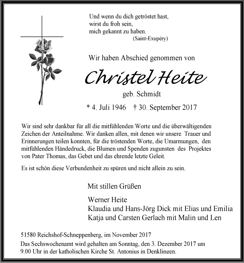  Traueranzeige für Christel Heite vom 15.11.2017 aus  Lokalanzeiger 