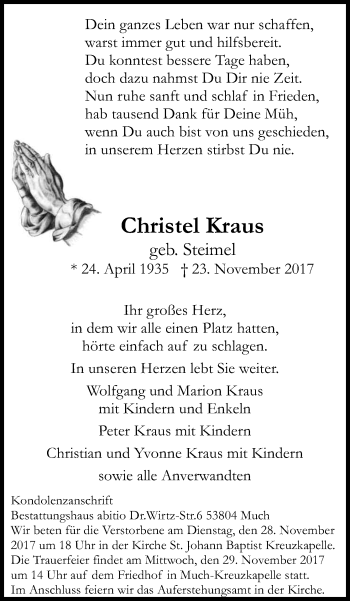 Anzeige von Christel Kraus von Kölner Stadt-Anzeiger / Kölnische Rundschau / Express