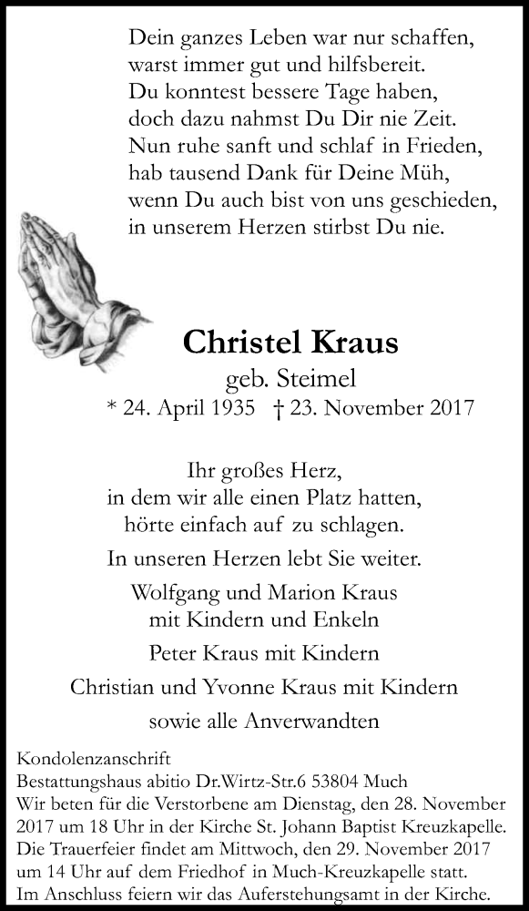  Traueranzeige für Christel Kraus vom 25.11.2017 aus Kölner Stadt-Anzeiger / Kölnische Rundschau / Express