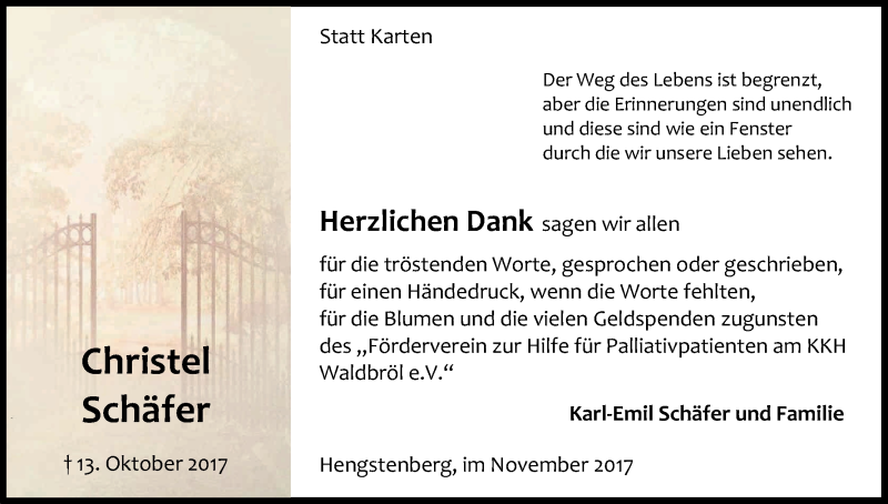  Traueranzeige für Christel Schäfer vom 25.11.2017 aus Kölner Stadt-Anzeiger / Kölnische Rundschau / Express