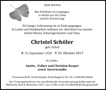 Anzeige von Christel Schöler von Kölner Stadt-Anzeiger / Kölnische Rundschau / Express