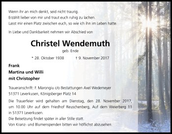 Anzeige von Christel Wendemuth von Kölner Stadt-Anzeiger / Kölnische Rundschau / Express