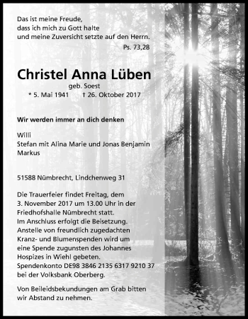 Anzeige von Christel Anna Lüben von Kölner Stadt-Anzeiger / Kölnische Rundschau / Express