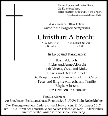 Anzeige von Christhart Albrecht von Kölner Stadt-Anzeiger / Kölnische Rundschau / Express