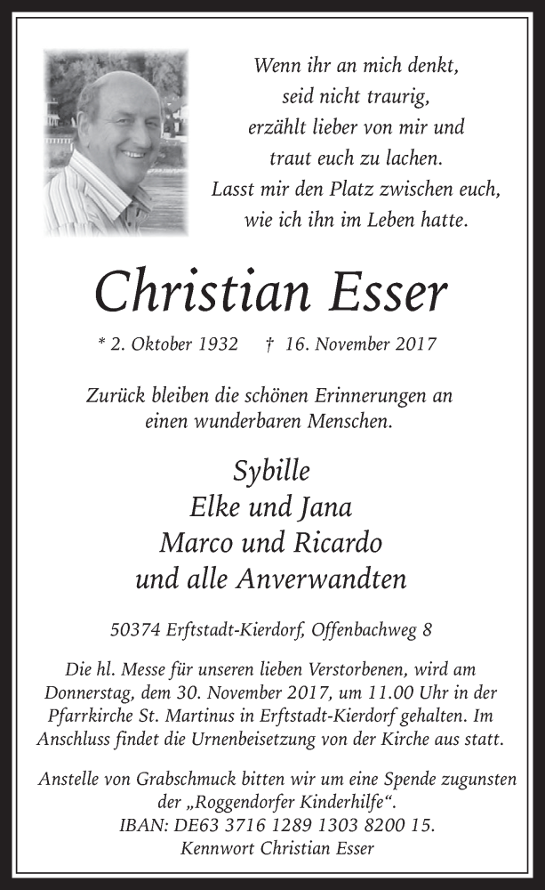  Traueranzeige für Christian Esser vom 29.11.2017 aus  Werbepost 